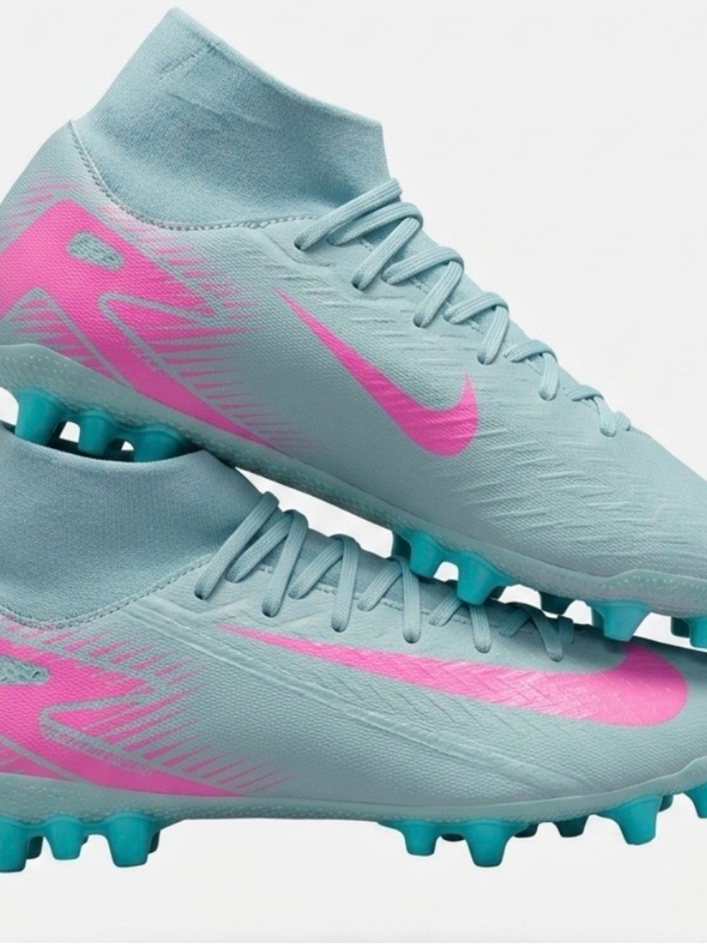 Nike Superfly Academy-Women's Aqua and Pink Soccer Cleats with Sock Collar.